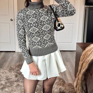 Talbots Petites Nordic Turtleneck Sweater Black White Winter Knit Cottagecore